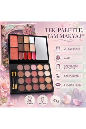 Anylady 20 Renk Profesyonel Makyaj Paleti 85 g – Far, Allık, Aydınlatıcı, Kontür, Kaş Pudrası ve 4 Dudak Rengi