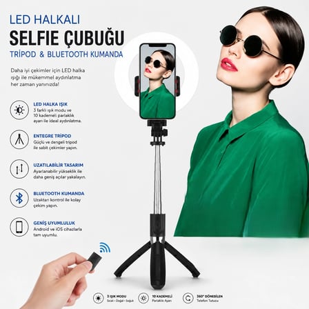LED Işıklı Selfie Çubuğu Tripod Kablosuz Kumandalı