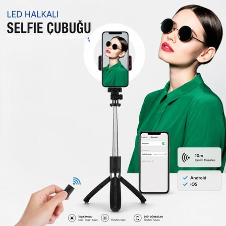 LED Işıklı Selfie Çubuğu Tripod Kablosuz Kumandalı