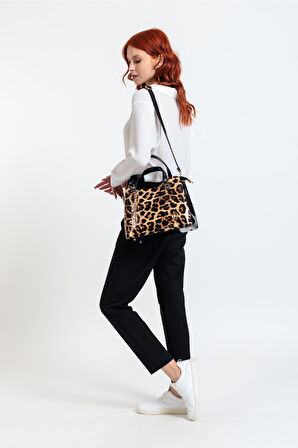 Leopar Desen Siyah Altın Sarısı rugan El Omuz Çantası