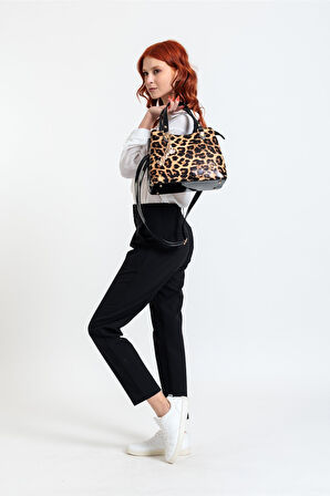 Leopar Desen Siyah Altın Sarısı rugan El Omuz Çantası