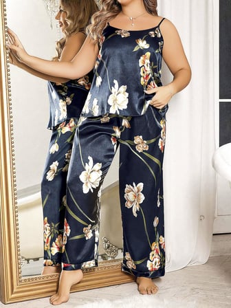 Arias Closet Büyük Beden Mavi Üstüne Çiçek Desenli İnce Askılı 'li Saten Pijama Takımı