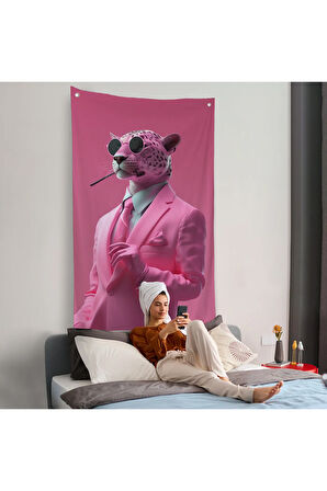 Sigara İçen Pembe Leopar Duvar Örtüsü-7859