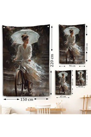 Şemsiye İle Bisiklet Süren Güzel Kadın Duvar Örtüsü-7860