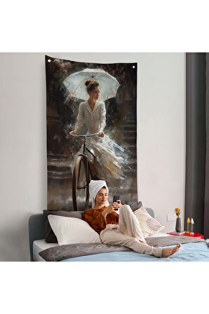 Şemsiye İle Bisiklet Süren Güzel Kadın Duvar Örtüsü-7860