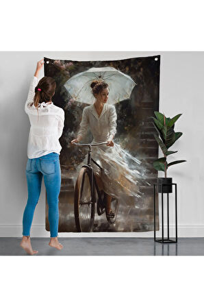 Şemsiye İle Bisiklet Süren Güzel Kadın Duvar Örtüsü-7860