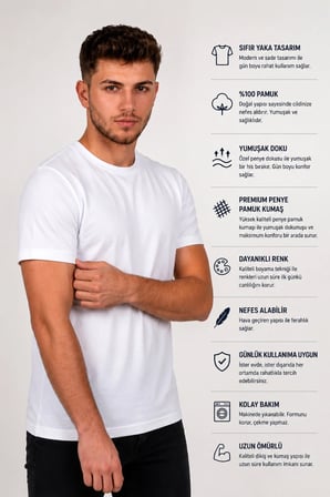 Erkek Slim Fit Beyaz Bisiklet Yaka Pamuk Penye Günlük Rahat Basic Tişört