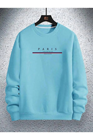Erkek Bebe Mavi Paris Baskılı Bisiklet Yaka Sweatshirt