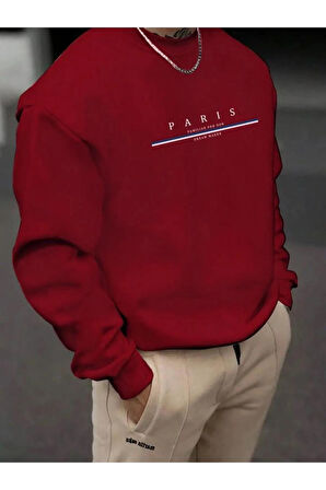 Erkek Kırmızı Paris Baskılı Bisiklet Yaka Sweatshirt