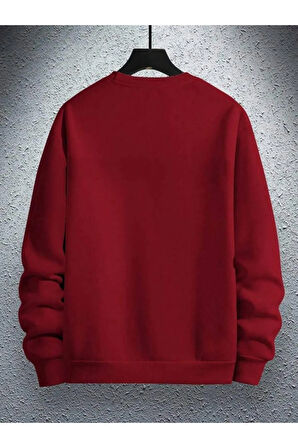 Erkek Kırmızı Paris Baskılı Bisiklet Yaka Sweatshirt