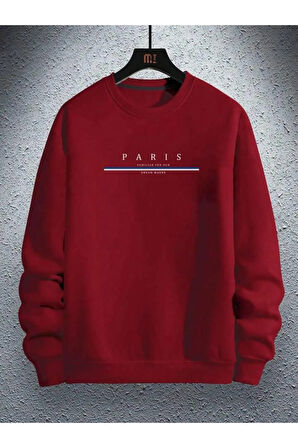 Erkek Kırmızı Paris Baskılı Bisiklet Yaka Sweatshirt