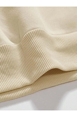 Erkek Bej Paris Baskılı Bisiklet Yaka Sweatshirt