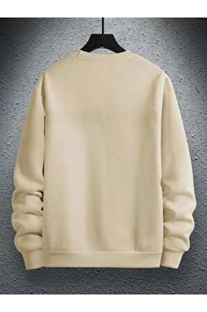 Erkek Bej Paris Baskılı Bisiklet Yaka Sweatshirt
