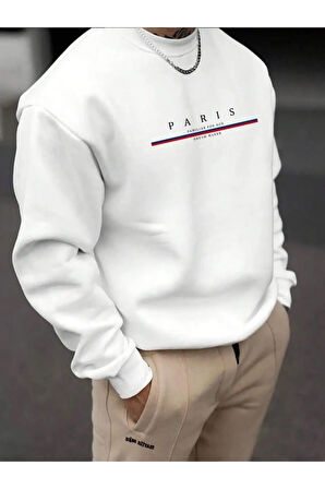 Erkek Beyaz Paris Baskılı Bisiklet Yaka Sweatshirt
