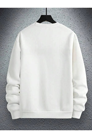 Erkek Beyaz Paris Baskılı Bisiklet Yaka Sweatshirt