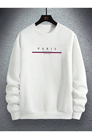 Erkek Beyaz Paris Baskılı Bisiklet Yaka Sweatshirt