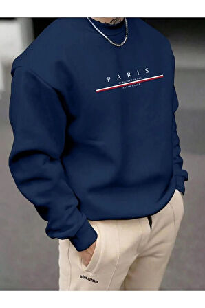 Erkek Lacivert Paris Baskılı Bisiklet Yaka Sweatshirt