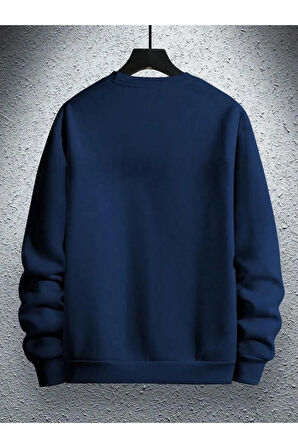Erkek Lacivert Paris Baskılı Bisiklet Yaka Sweatshirt