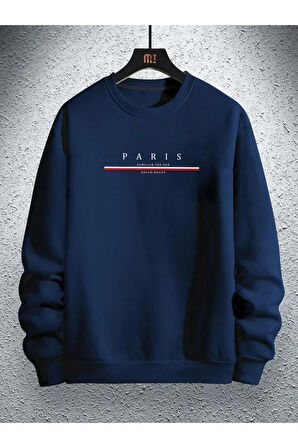 Erkek Lacivert Paris Baskılı Bisiklet Yaka Sweatshirt