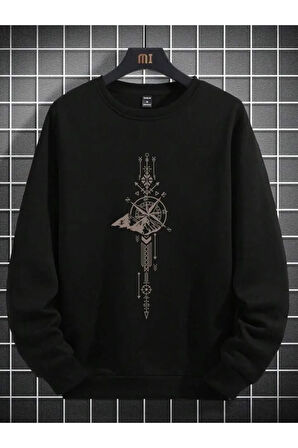 Unisex Siyah Pusula Baskılı Bisiklet Yaka Sweatshirt