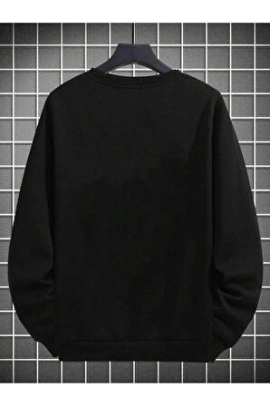 Unisex Siyah Pusula Baskılı Bisiklet Yaka Sweatshirt