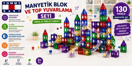 Manyetik Yapı Blokları –Top Yuvarlama  Seti  Çocuklar İçin Renkli 3 Boyutlu 130 Parça Manyetik Oyun Seti