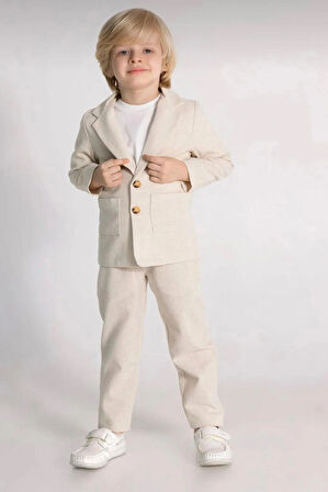 Erkek Çocuk Beyaz Tişörtlü Keten Ceketli Spor Takım/Takım Elbise/Damatlık/Özel Gün Takım