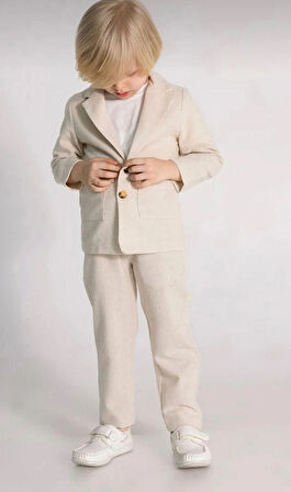 Erkek Çocuk Beyaz Tişörtlü Keten Ceketli Spor Takım/Takım Elbise/Damatlık/Özel Gün Takım