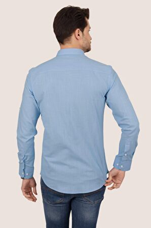 Mavi Yaka Düğmeli Keten Slimfit   Gömlek