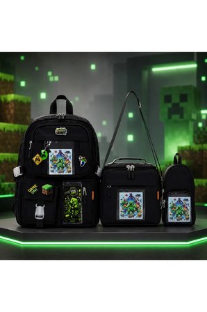 Kore Tarzı Minecraft Temalı Siyah Erkek Çocuk Okul Çantası İlkokul Ortaokul Çanta Seti 3'lü Beslenme+Kalemlik