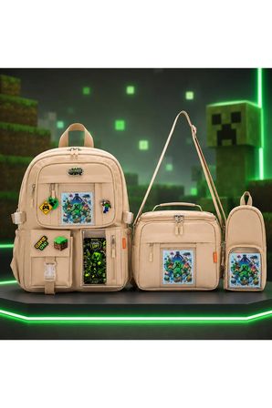 Kore Tarzı Minecraft Aksesuarlı Bej Erkek Çocuk Okul Çantası İlkokul Ortaokul Çanta Seti 3'lü Beslenme+Kalemlik