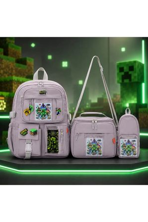 Kore Tarzı Minecraft Temalı Gri Erkek Çocuk Okul Çantası İlkokul Ortaokul Çanta Seti 3'lü Beslenme+Kalemlik