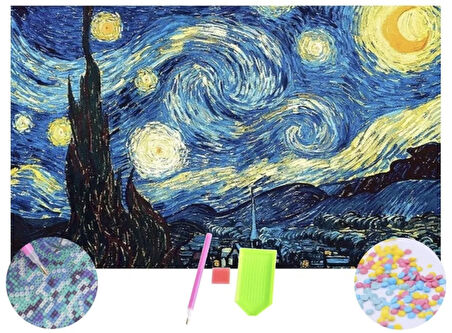 5D Sayılarla Elmas Boyama 40x50 cm Van Gogh Yıldızlı Gece Mozaik Tablo Tuvale Gerili Puzzle Tuval Seti (Asma Aparatlı)