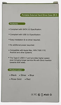 TAŞINABİLİR M2 SATA SSD KUTUSU METAL (ÇİFT TIRNAKLI NGFF) USB 3.0 GÜMÜŞ RENK