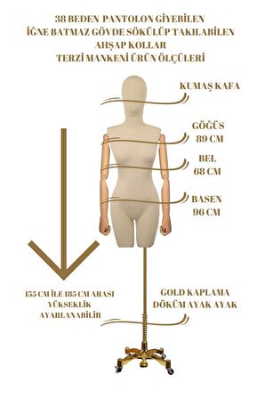 Lüks Gold Ayaklı Pantolon Giyebilen 38 Beden Ahşap Kollu Terzi Vitrin Mankeni