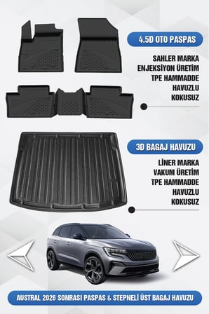 Sahler Renault Austral Stepneli Üst Kademe Uyumlu 4.5D Premium Havuzlu Oto Paspas ve Liner Marka 3D Bagaj Havuzu - Austral