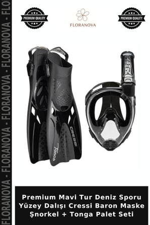 Premium Mavi Tur Deniz Sporu Yüzey Dalışı Cressi Baron Maske Şnorkel + Tonga Palet Seti