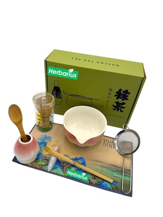 Herbarius 8 Parça Beyaz Geçişli Pudra Pembe Renk Matcha Çayı Hazırlama Seti - Geleneksel Japon Matcha Seti