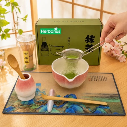 Herbarius 8 Parça Beyaz Geçişli Pudra Pembe Renk Matcha Çayı Hazırlama Seti - Geleneksel Japon Matcha Seti
