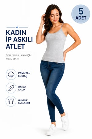 Kadın İp Askılı Atlet (TUTKU YETKİLİ SATICISI) - Pamuklu Rahat Kalıp Günlük Kullanım İç Giyim – 5 ADET