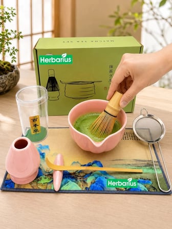 Herbarius 8 Parça Parlak Pudra Pembe Renk Matcha Çayı Hazırlama Seti - Geleneksel Japon Matcha Seti