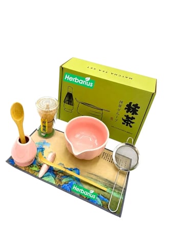 Herbarius 8 Parça Parlak Pudra Pembe Renk Matcha Çayı Hazırlama Seti - Geleneksel Japon Matcha Seti