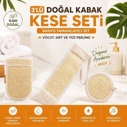 3’lü Set Banyo Kese Banyo Lif Doğal Kabak Kesesi Banyo Tamamlayıcı Set – Vücut, Sırt Ve Yüz Peelingi