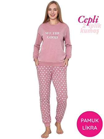 Kadın Bisiklet Yaka Bilek Manşet/Lastikli 2 İplik Pamuk Cepli Kışlık Jogger Eşofman Pijama Takımı