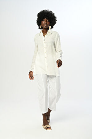 KADIN KOLLARI FİSTOLU DÜZ EKRU RENK GÖMLEK