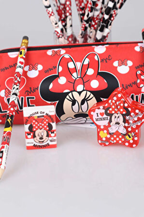 DEKOMUS İLE LİSANSLI MINNIE MOUSE KALEM ÇANTASI ,2 ADET SİLGİLİ KURŞUN KALEM,SİLGİ VE YILDIZ KALEMTRAŞ SETİ