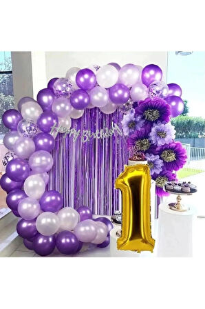 1 YAŞ LÜX MOR LİLA BALON ZİNCİR SET DOĞUM GÜNÜ PARTİ SETİ SÜSÜ