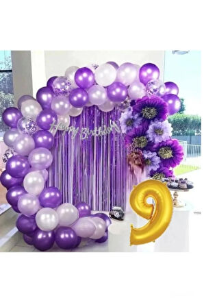 9 YAŞ LÜX MOR LİLA BALON ZİNCİR SET DOĞUM GÜNÜ PARTİ SETİ SÜSÜ