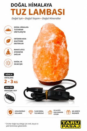 Doğal Himalaya Tuz Lambası 2-3Kg | Anahtarlı Duy | %100 Doğal Tuz Kristali | Ev, Ofis ve Dekoratif Gece Lambası