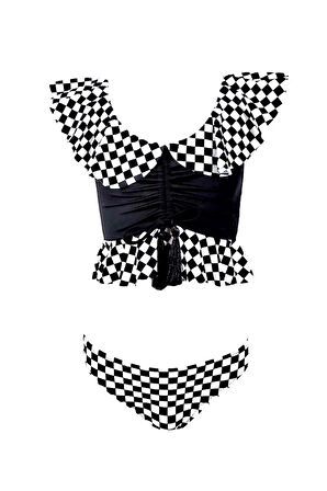 Dama Desenli Fırfırlı Büzgülü Püskül Detaylı UV50 Kız Çocuk Bikini Takımı By Nessi Byrd